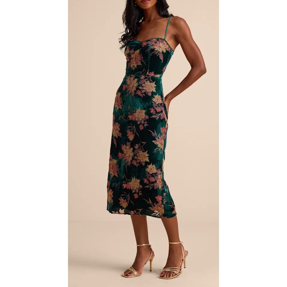 Lulus Floral Velvet Midi Dress Womens XS Green Cocktail Wedding Guest Romantic